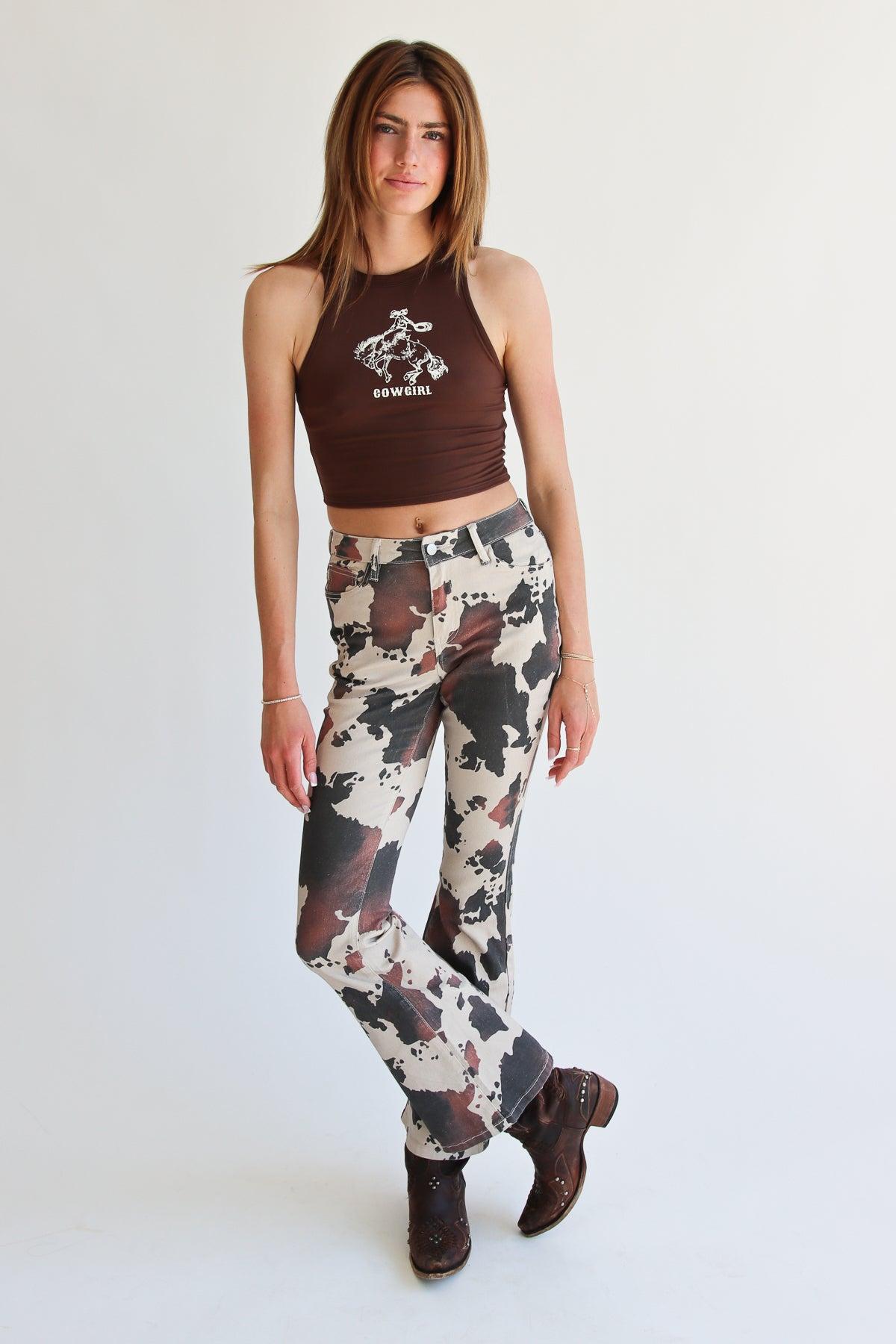 Brown Cow Print Flare Jeans Product Image