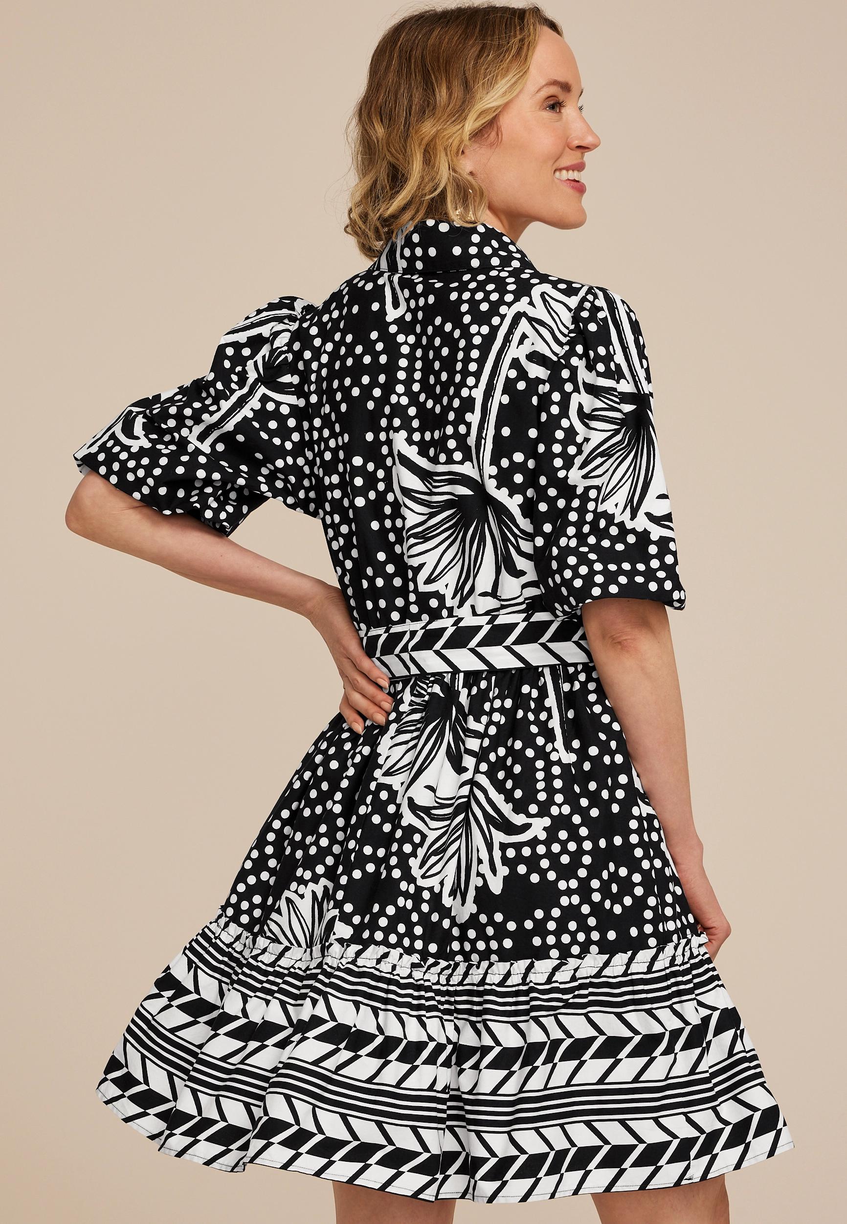 Printed Half Button Tie Waist Skater Dress Product Image