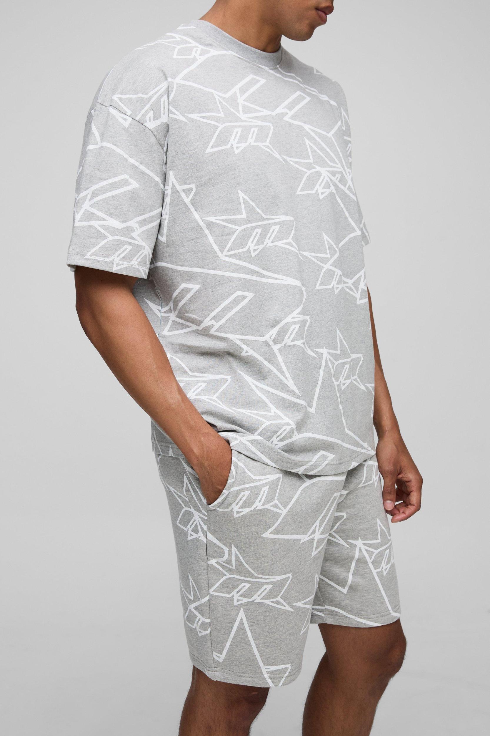 Oversized All Over Print M Star T-Shirt & Short Set | boohooMAN USA Product Image