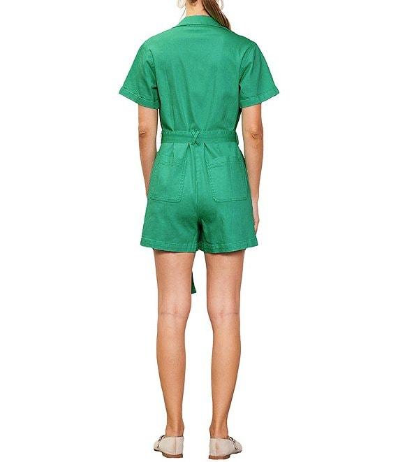 Skies Are Blue Washed Cotton Twill Notch Collar Short Sleeve Button Front Belted Romper Product Image