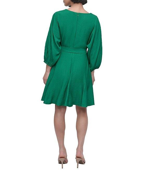 DKNY by Donna Karan Eyelet Surplice Neck 3/4 Sleeve Tie Belt Mini Dress Product Image
