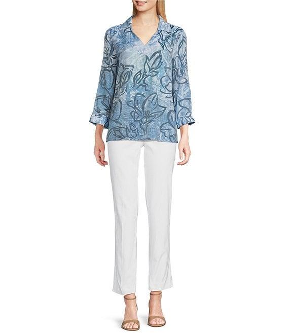 Ali Miles Woven Abstract Floral Print Point Collar 3/4 Sleeve Hi-Low Hem Tunic Product Image
