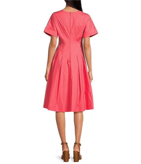 Trina Turk Ashe Poplin V-Neck Short Sleeve Fit-And-Flare Midi Dress Product Image