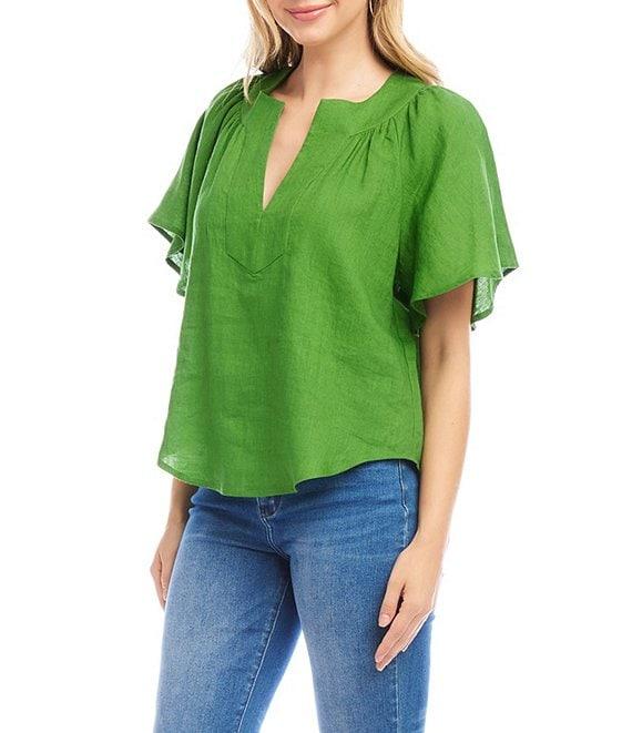 Karen Kane Linen Split V-Neck Short Flutter Sleeve Top Product Image