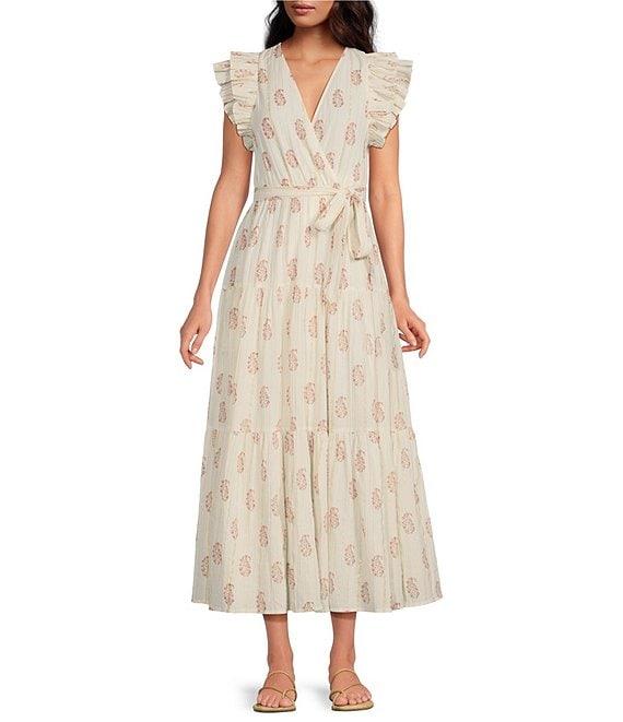 A Loves A Floral Metallic Striped Print Surplice V-Neck Short Ruffled Sleeve Tiered Maxi Dress Product Image