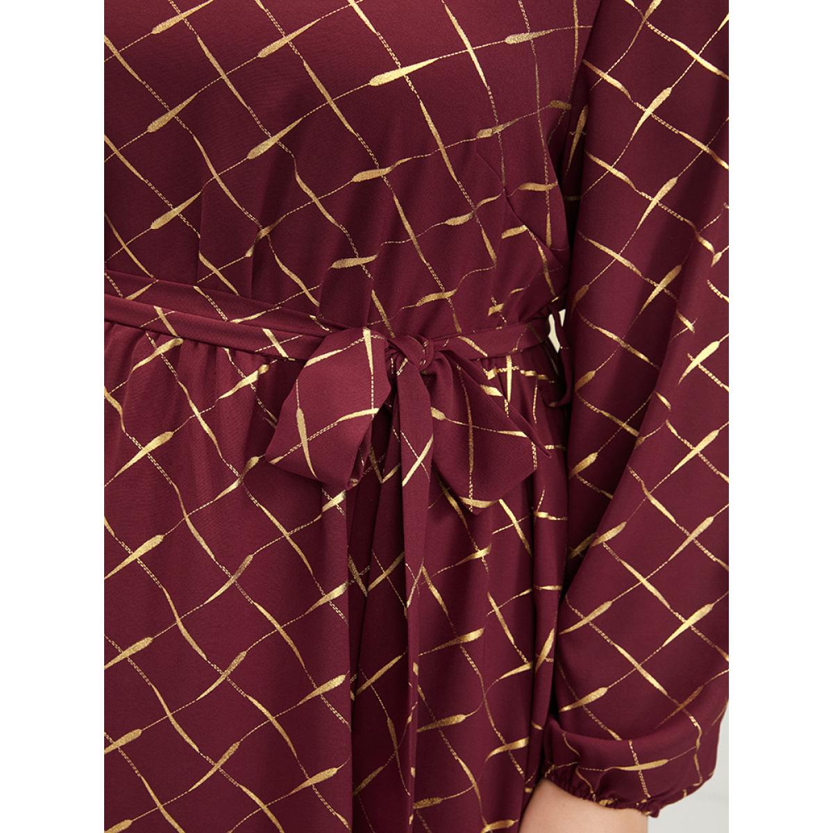 Plus Size Geometric Lantern Sleeve Pocket Keyhole Round Neck Belted Dress Scarlet Women Party Elastic Waist Round Neck Long Sleeve Curvy Midi Dress BloomChic 10/M Product Image