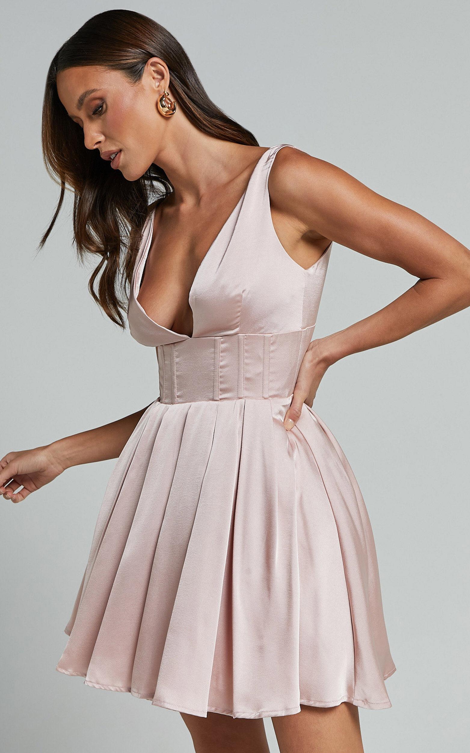 Bronte Mini Dress - Plunge Neck Fit and Flare in Blush Product Image
