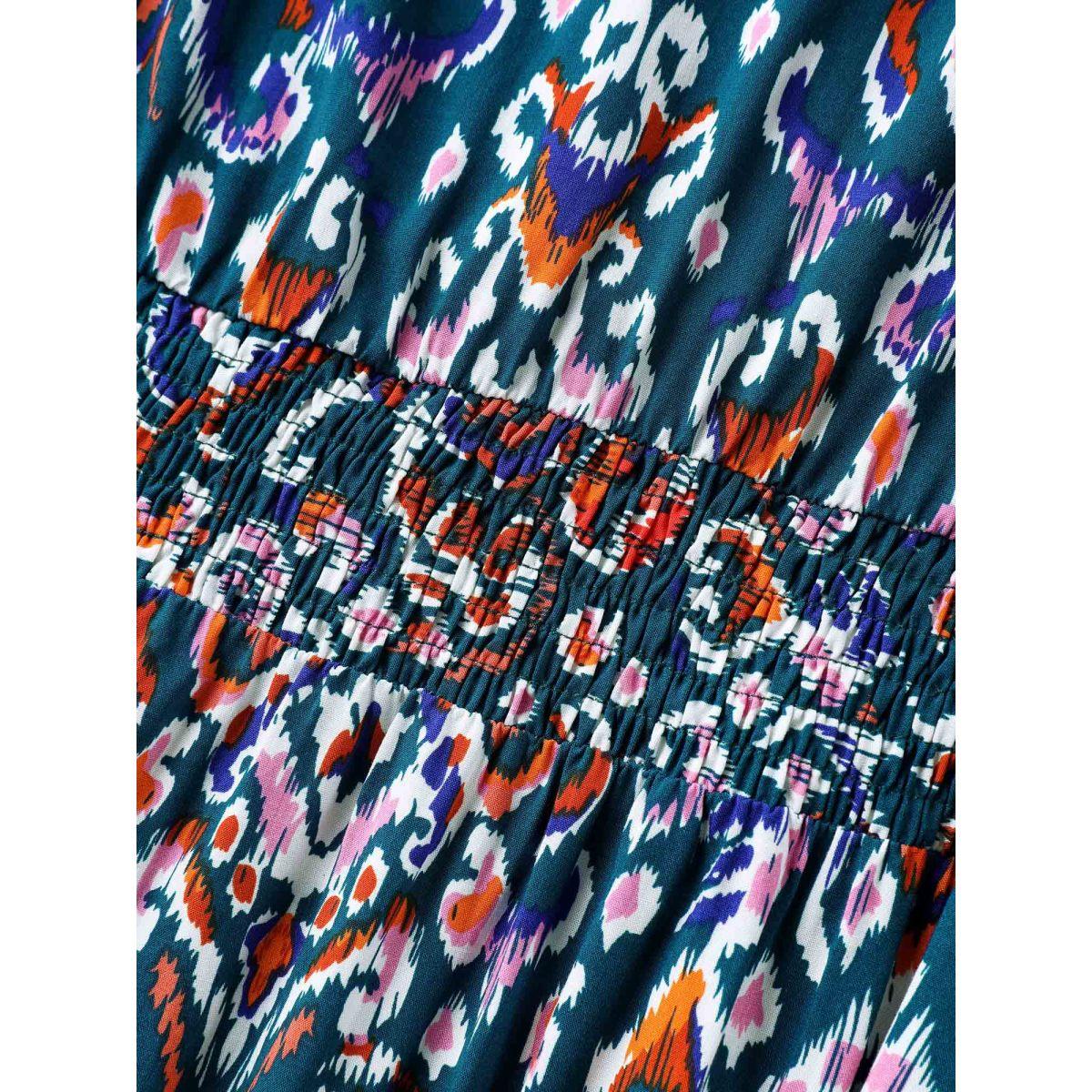 Plus Size Abstract Print Shirred Waist Midi Dress Aegean Women Boho Flat collar with V-notch Half Sleeve Curvy BloomChic 28/5X Product Image