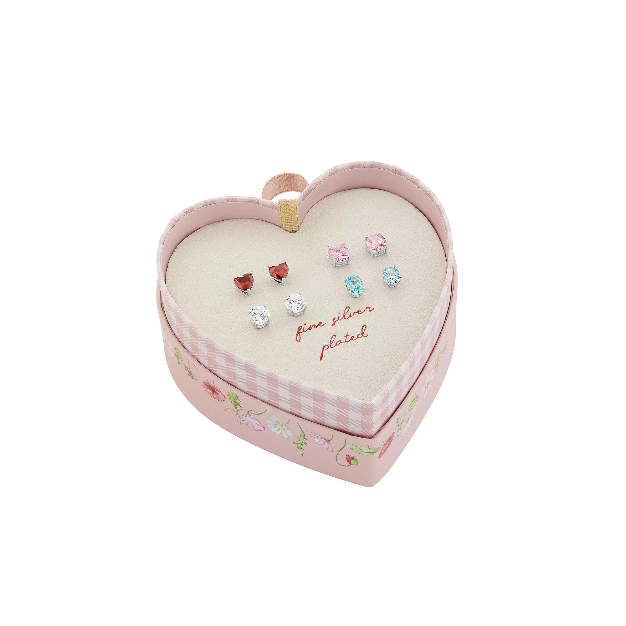 Brilliance Fine Silver Plated Multi-Color Cubic Zirconia & Multi-Shape Stud Earrings Quad Set, Women's, Silver Tone Team Product Image