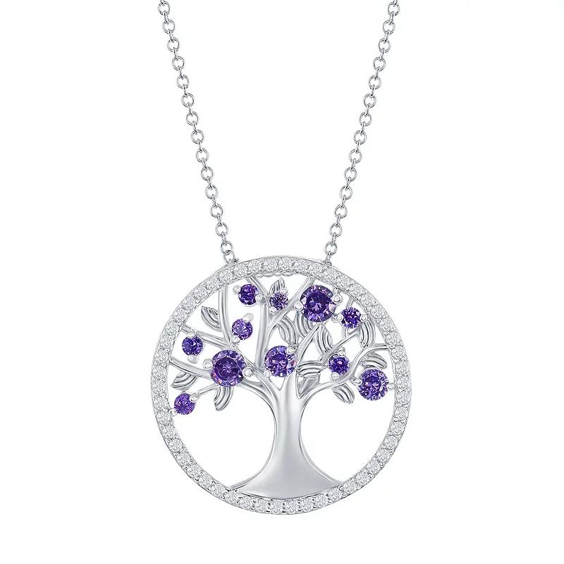 Sterling Silver Purple Cubic Zirconia Tree Of Life Necklace, Womens Product Image
