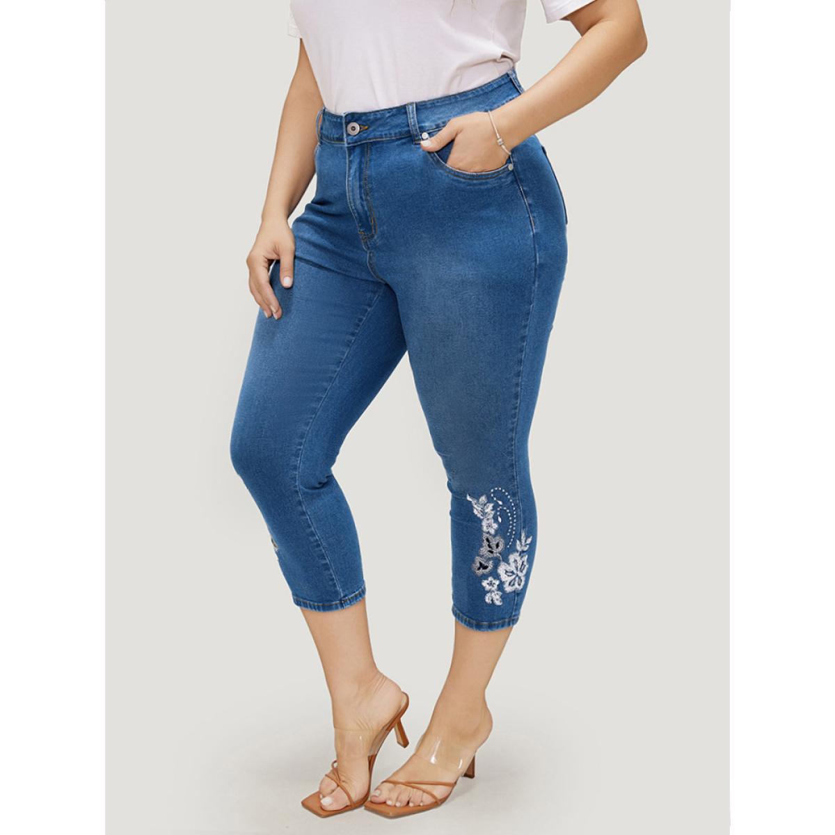 Plus Size Very Stretchy High Rise Medium Wash Embroidered Cropped Jeans Women LightBlue Casual Plain Embroidered High stretch Pocket Jeans BloomChic 14/1X Product Image