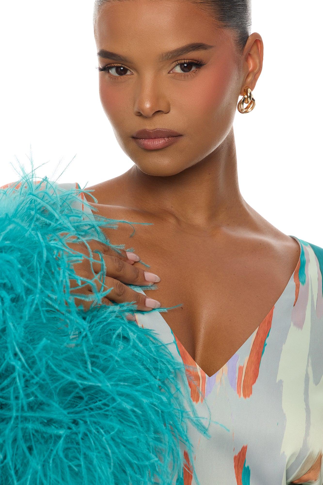 Daydreaming Feathered Satin Mini Dress - Turquoise/combo Female Product Image