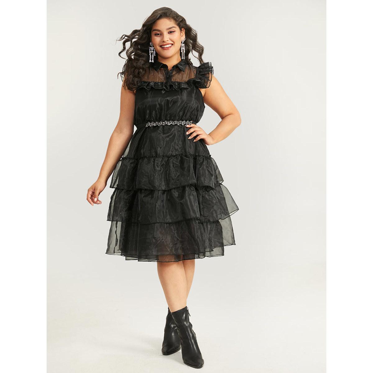 Plus Size Halloween Solid Mesh Layered Ruffle Wednesday Dress Black Women Glamour See through Shirt collar Sleeveless Curvy Midi Dress BloomChic 10/M Product Image