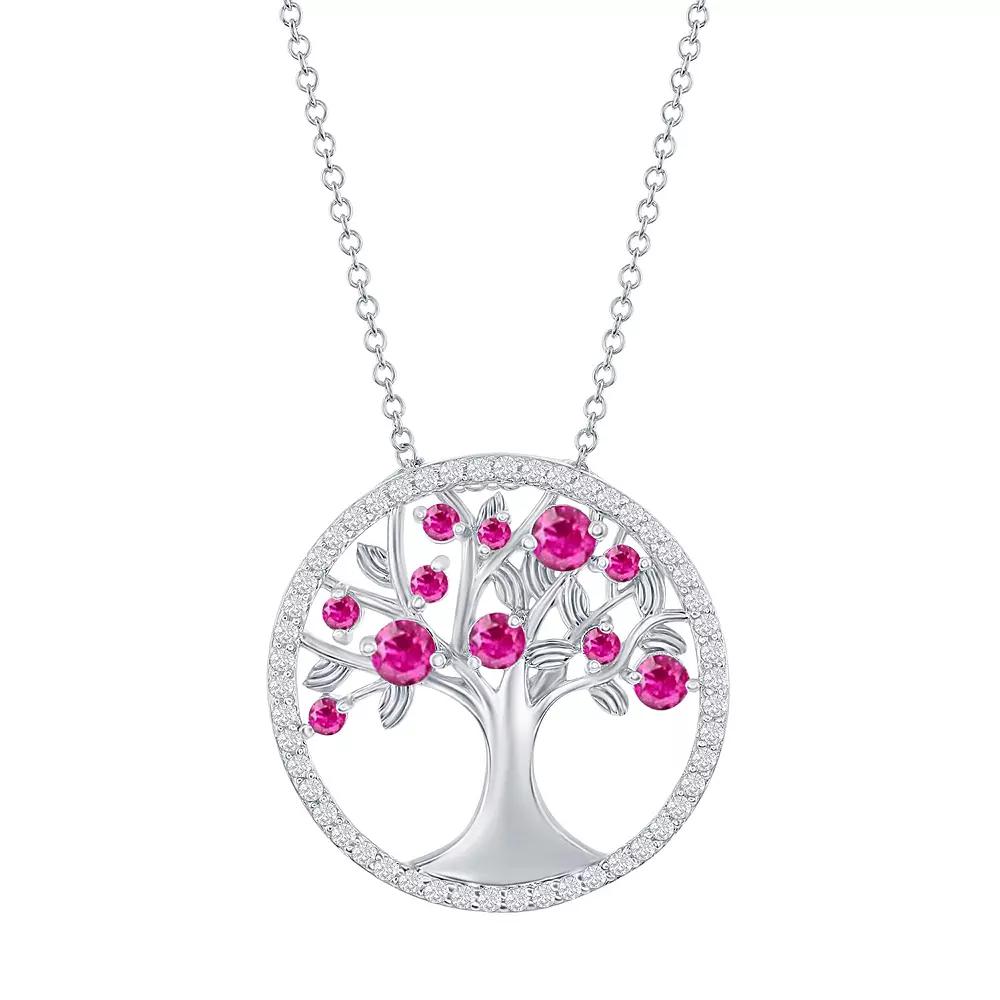 Sterling Silver Red Cubic Zirconia Tree Of Life Necklace, Women's Product Image