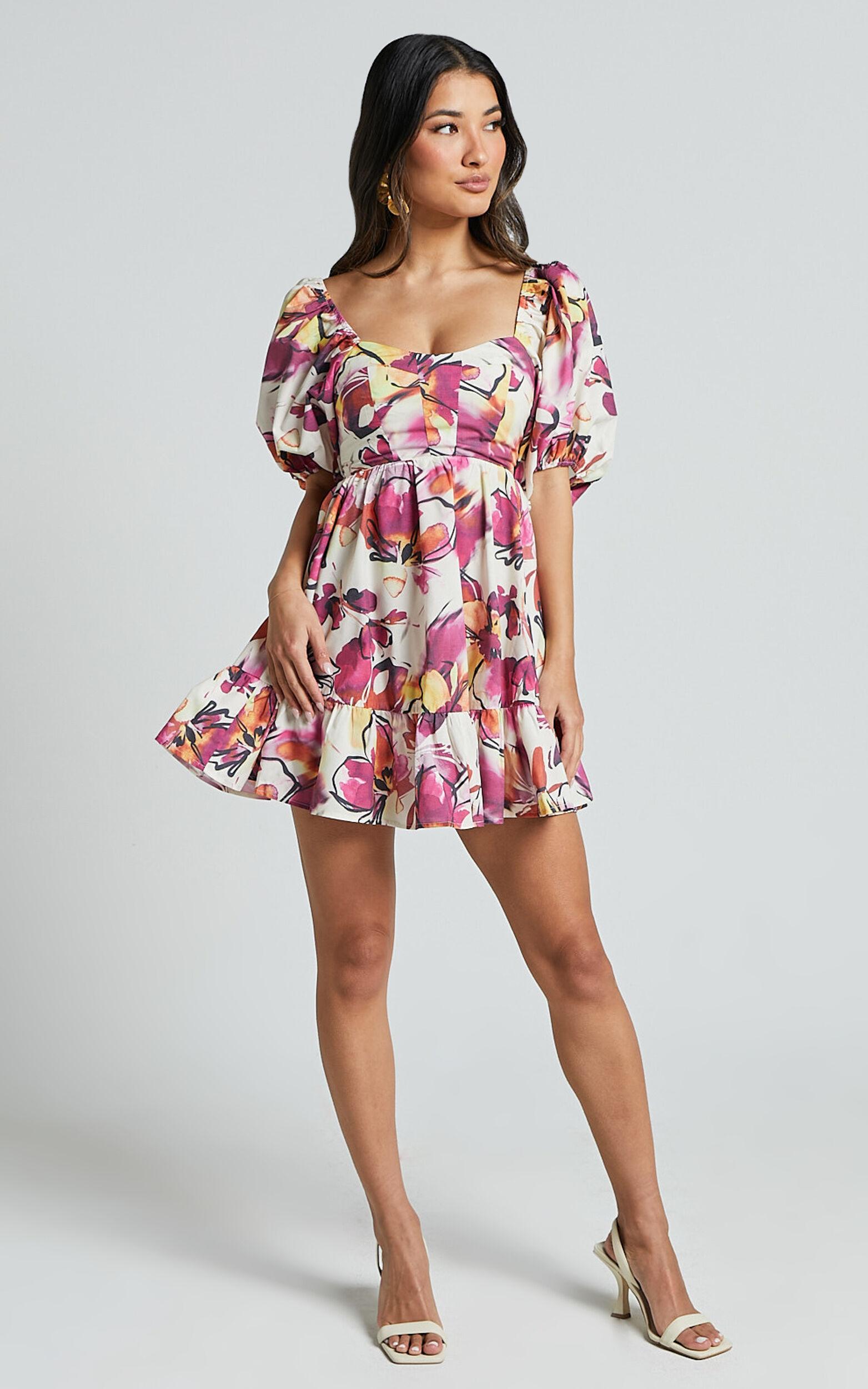 Gretchen Mini Dress - Puff Sleeve Babydoll Dress in Dahlia Dusk Floral Product Image