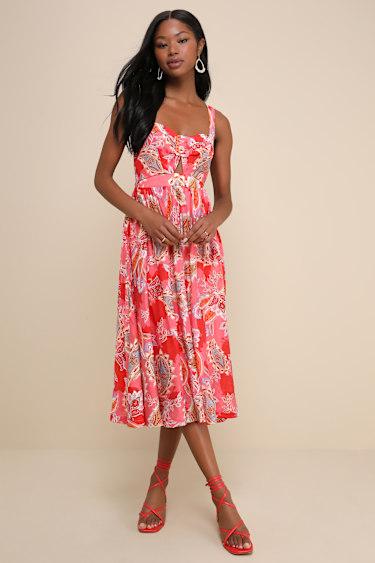 Impeccable Aura Pink Paisley Print Cutout Buckle Midi Dress Product Image