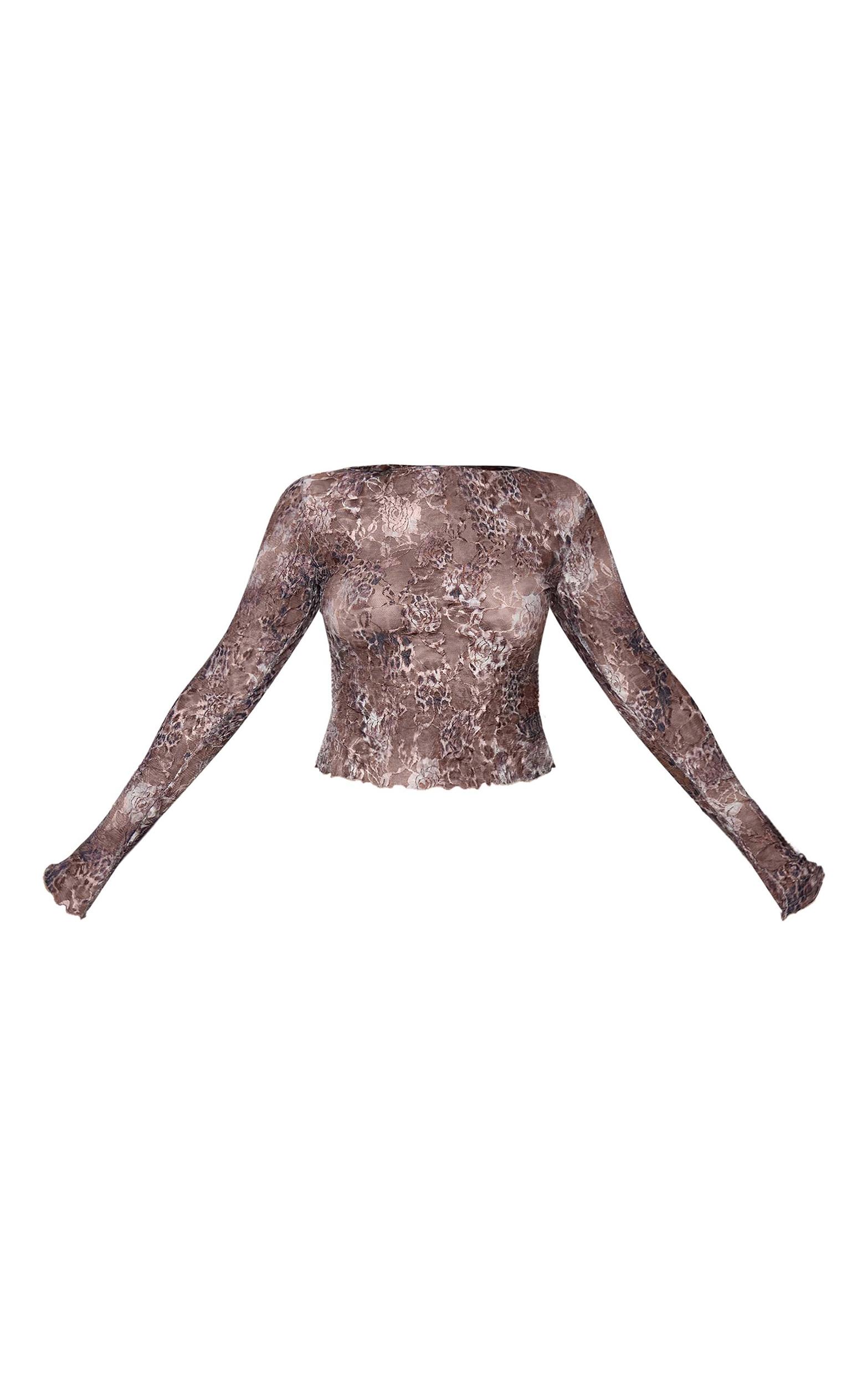 Brown Leopard Lace Boat Neck Long Sleeve Top Product Image