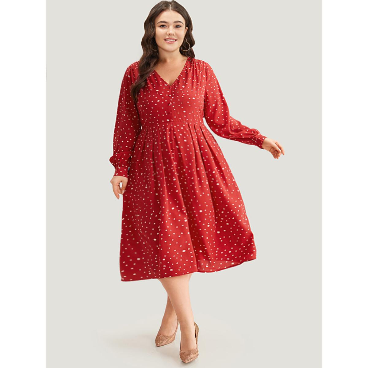 Plus Size Polka Dot Button Detail Pleated Dress Crimson Women Elegant Printed V-neck Long Sleeve Curvy Midi Dress BloomChic 26/4X Product Image