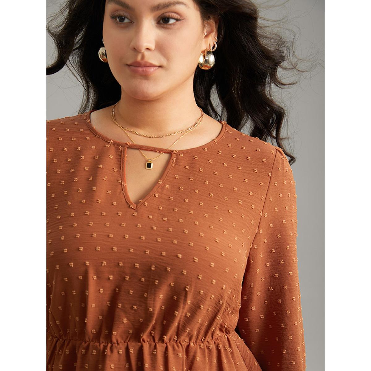 Plus Size Rust Textured Keyhole Ruffle Layered Hem Blouse Women Office Long Sleeve Keyhole Cut-Out Office Blouses BloomChic 22-24/3X Product Image