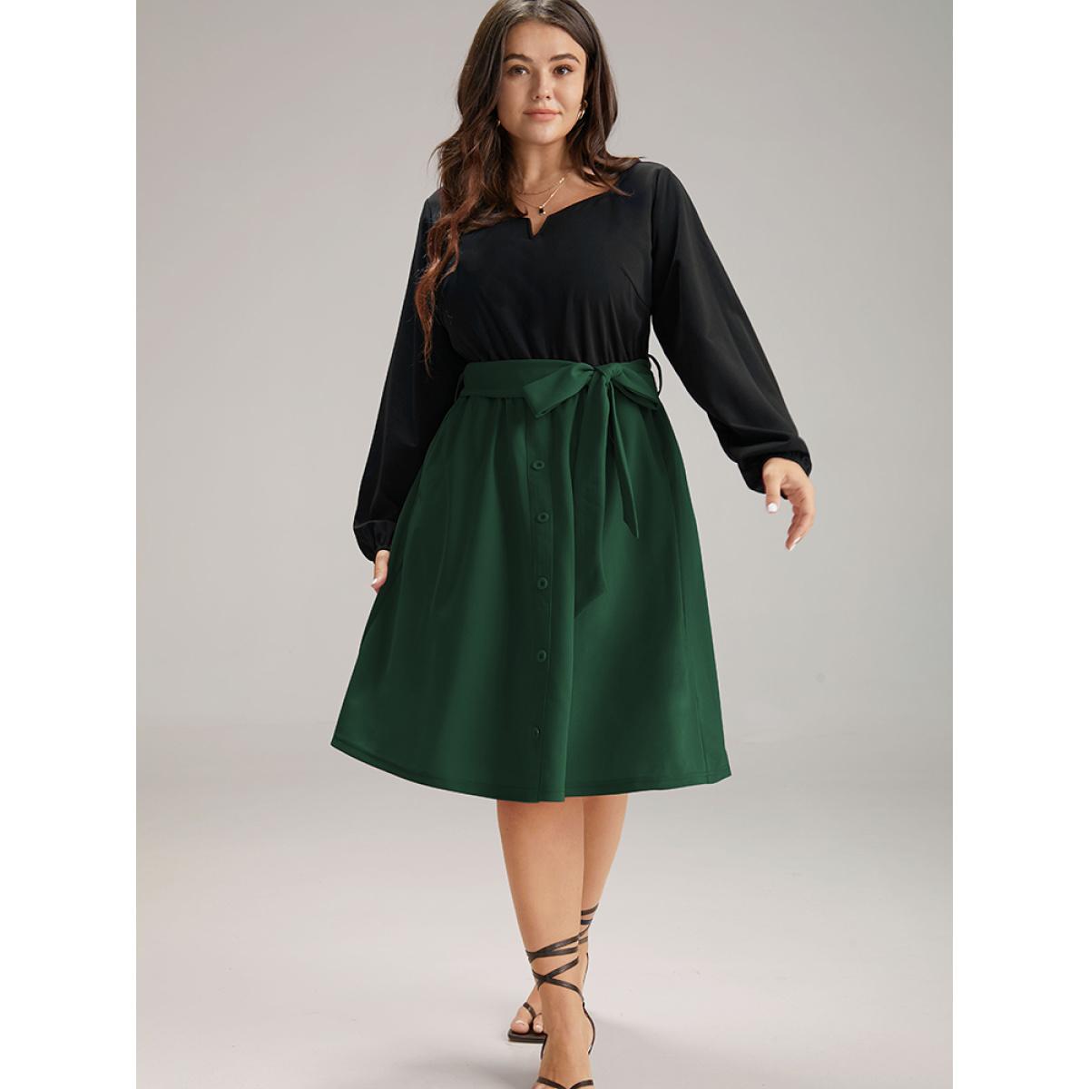 Plus Size Contrast Patchwork Button Detail Belted Dress DarkGreen Women At the Office Elastic cuffs Notched collar Long Sleeve Curvy Midi Dress BloomChic 28/5X Product Image