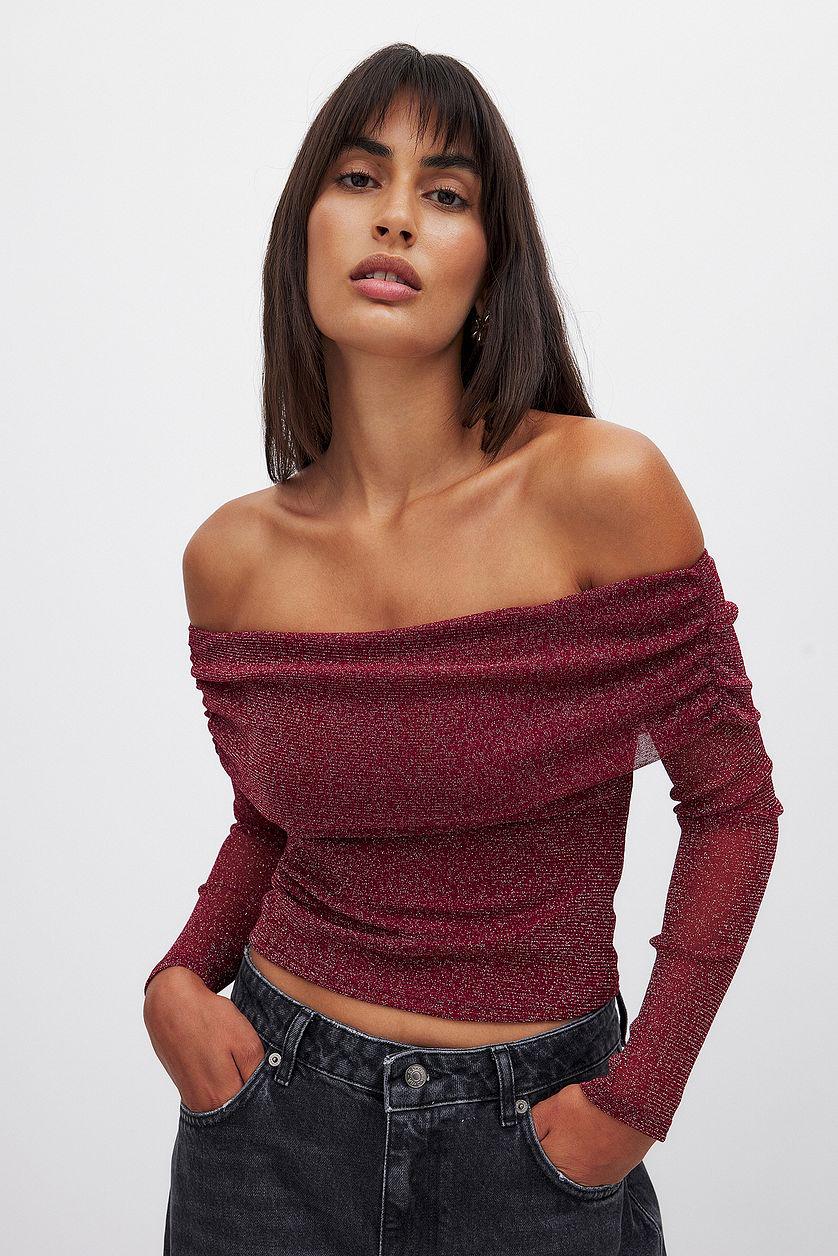 Off Shoulder Glitter Mesh Top Product Image