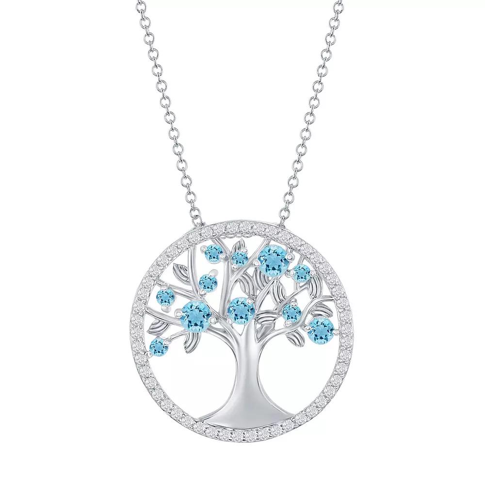 Sterling Silver Blue Cubic Zirconia Tree Of Life Necklace, Womens Product Image