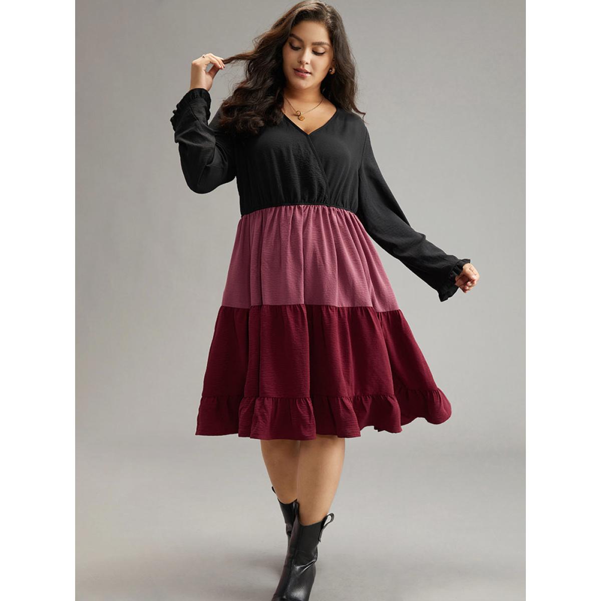 Plus Size Colorblock Contrast Ruffle Layered Hem Dress Black Women Casual Gathered V-neck Long Sleeve Curvy Midi Dress BloomChic 10/M Product Image