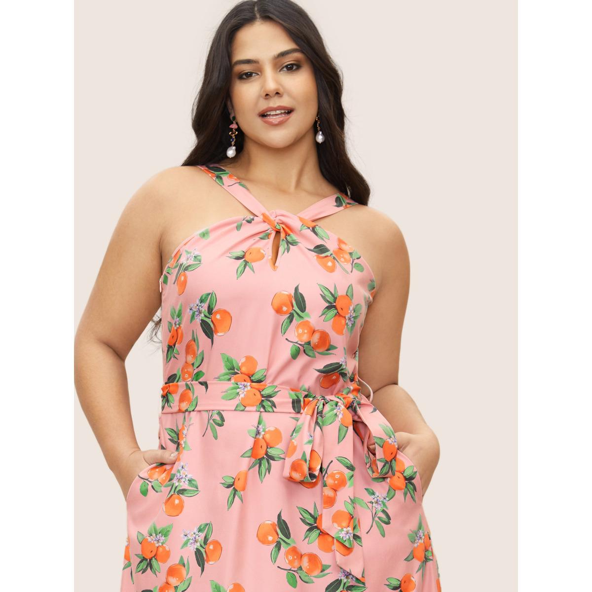 Plus Size Citrus Orange Print Halter Neck Tie Knot Dress Pink Women Elegant Tie knot Halter neck Sleeveless Curvy Midi Dress BloomChic 18-20/2X Product Image