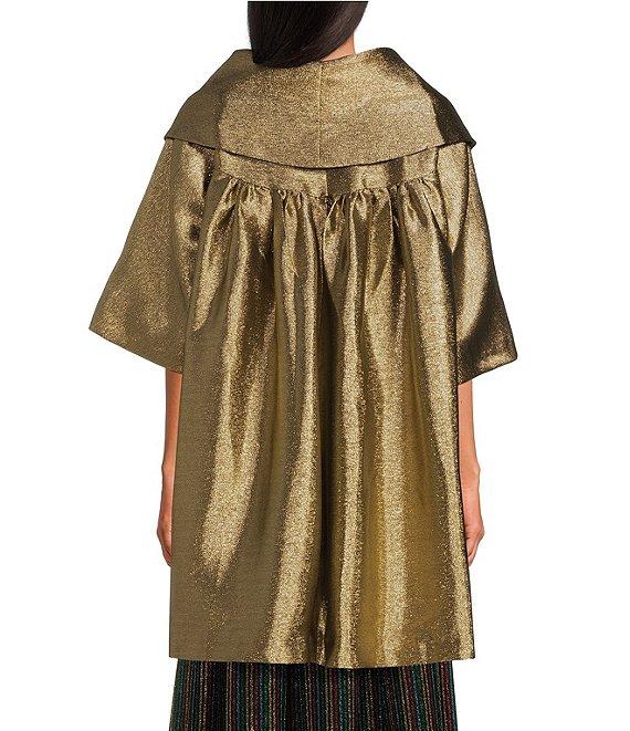 Buru Metallic Shimmer Wide Platter Point Collar 3/4 Sleeve Open Front Mid Length Topper Coat Product Image