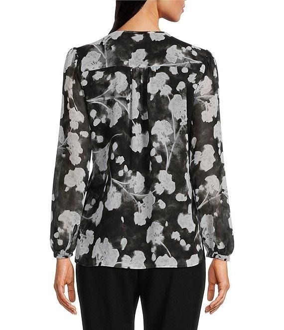 Calvin Klein Petite Size Floral Print V-Neck Long Puffed Sleeve Pleated Blouse Product Image