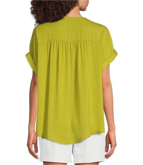 Gibson & Latimer Moonshadow Satin Split Round Neck Dropped Short Roll Tab Sleeve Hi-Low Shirttail Blouse Product Image