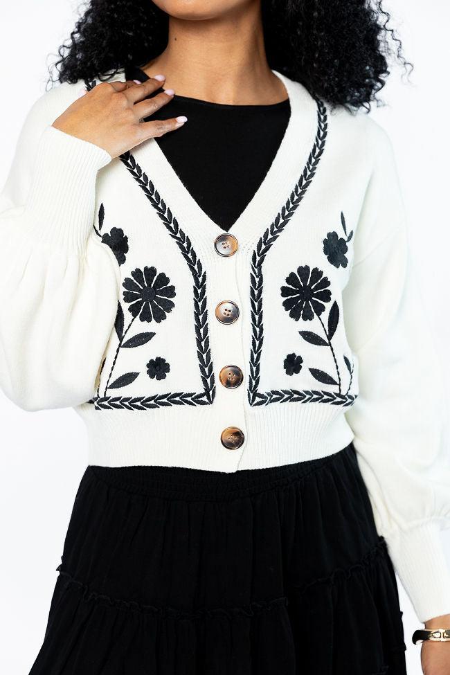 Bloom With Grace Ivory and Black Floral Embroidered Cardigan FINAL SALE Product Image