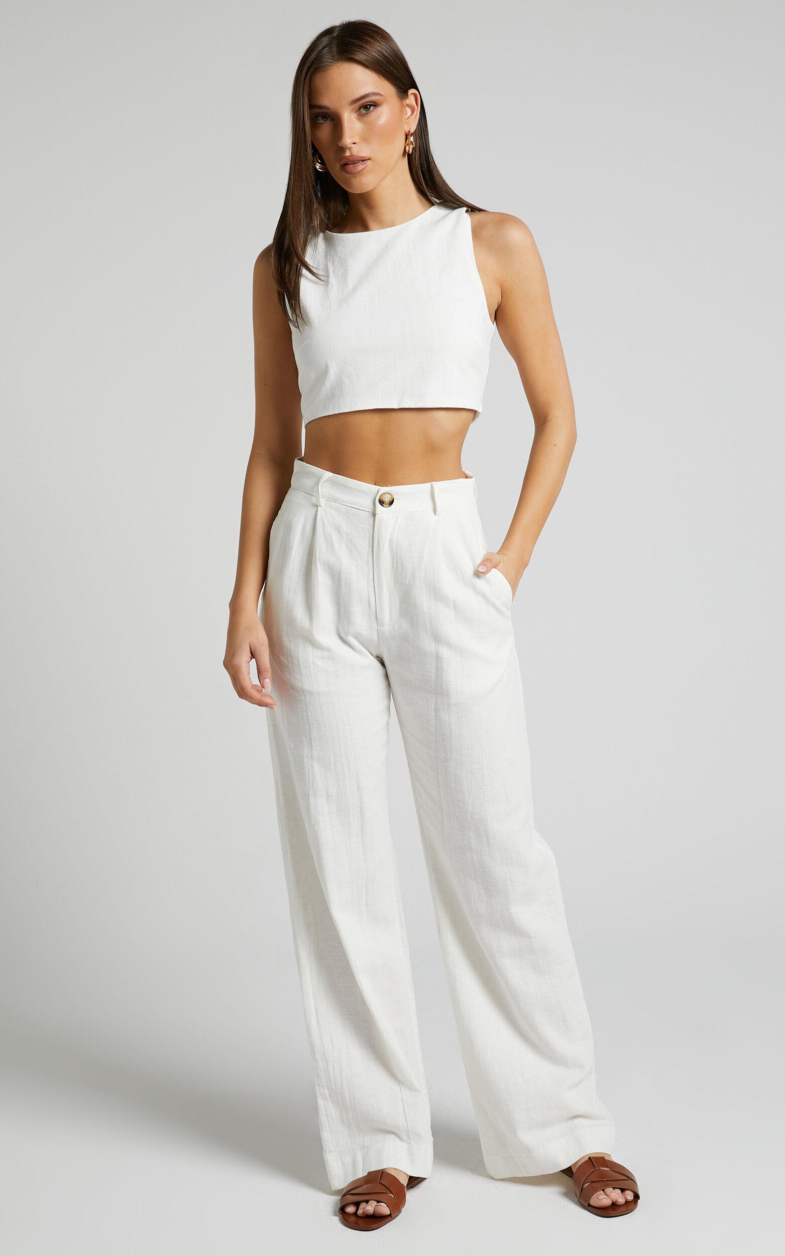 Larissa Trousers - Linen Mid Waisted Relaxed Straight Leg Trousers in White Product Image
