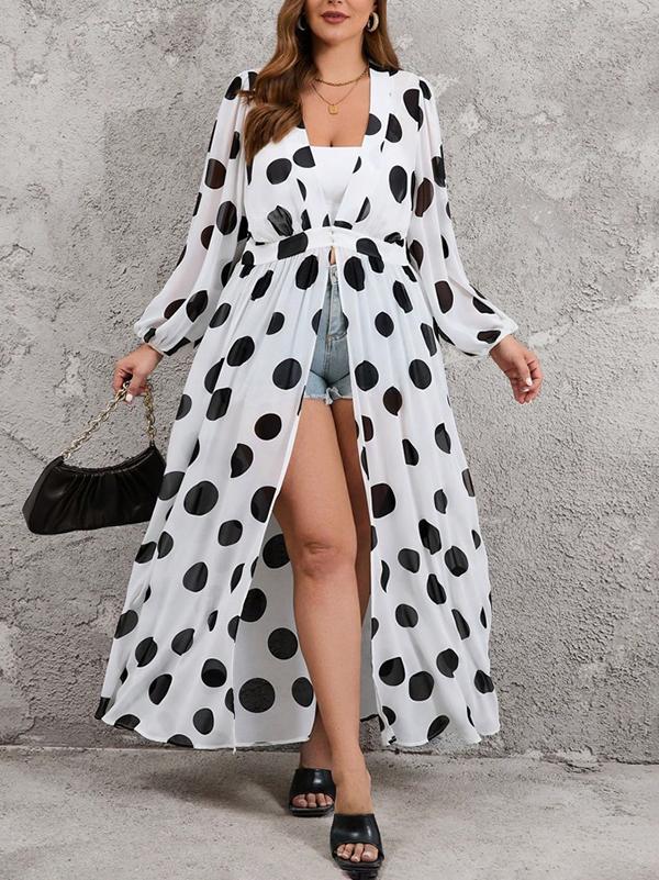 High Waisted Long Sleeves Pleated Polka-Dot See-Through Split-Joint Deep V-Neck Maxi Dresses Outerwear Product Image