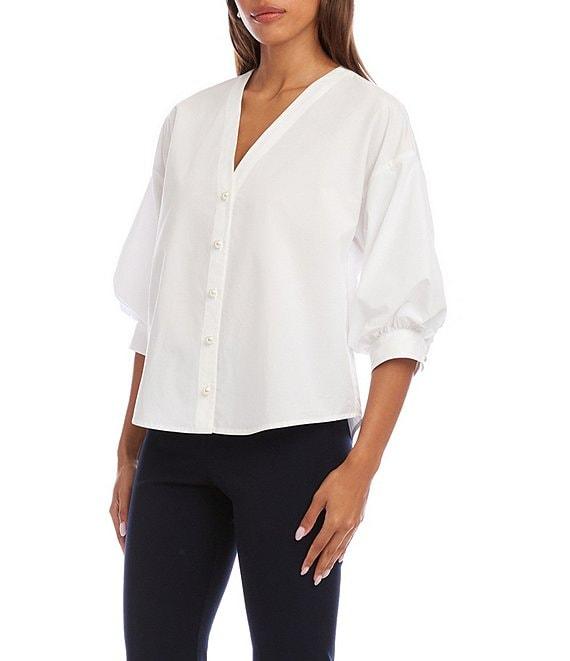 Karen Kane Poplin V-Neck 3/4 Lantern Sleeve Pearl Button Front Shirt Product Image