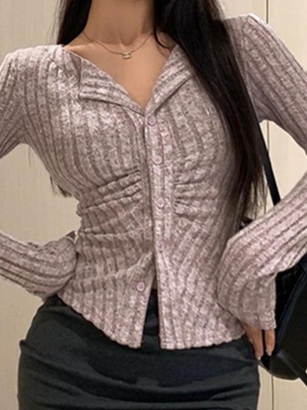 Lapel Neck Ruched Slim Long Sleeve Knit Product Image