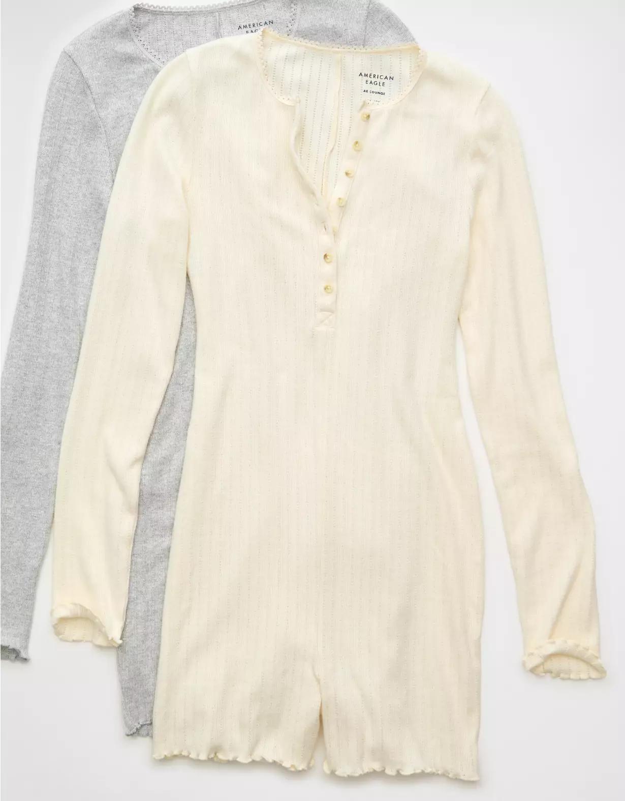 AE Long-Sleeve Henley Lounge Romper Product Image