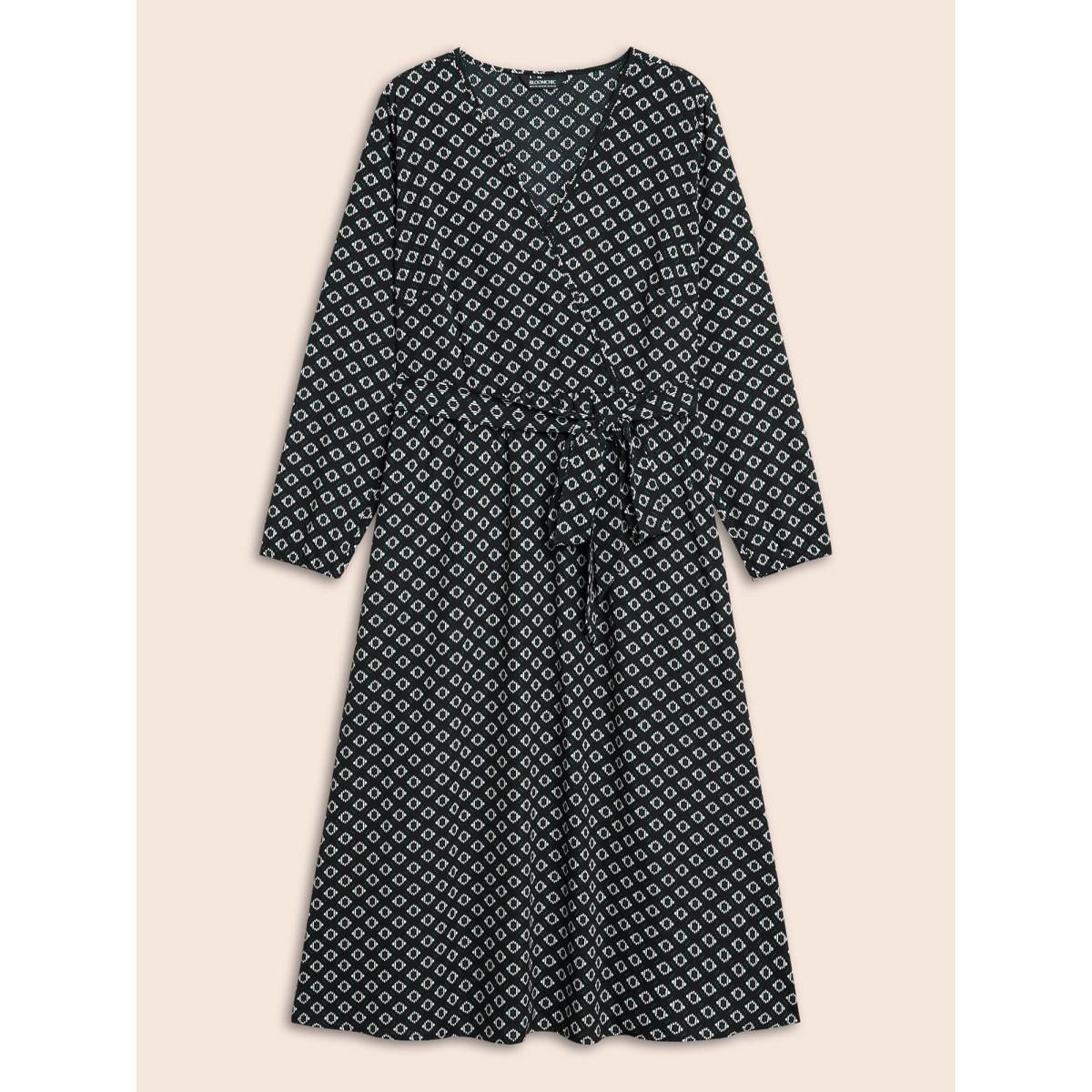 Plus Size Geometric Overlap Collar Belted Dress Black Women At the Office Belted Overlap Collar Long Sleeve Curvy BloomChic 10/M Product Image