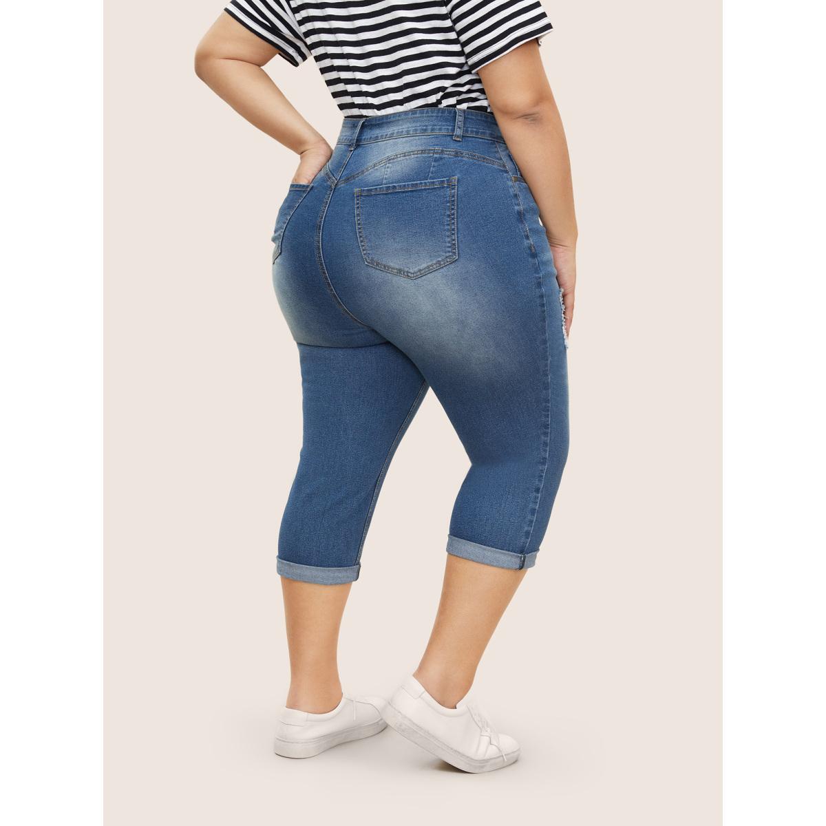 Plus Size Light Wash Distressed Roll Hem Jeans Women Blue Casual Roll Hem High stretch Pocket Jeans BloomChic 16/1X Product Image