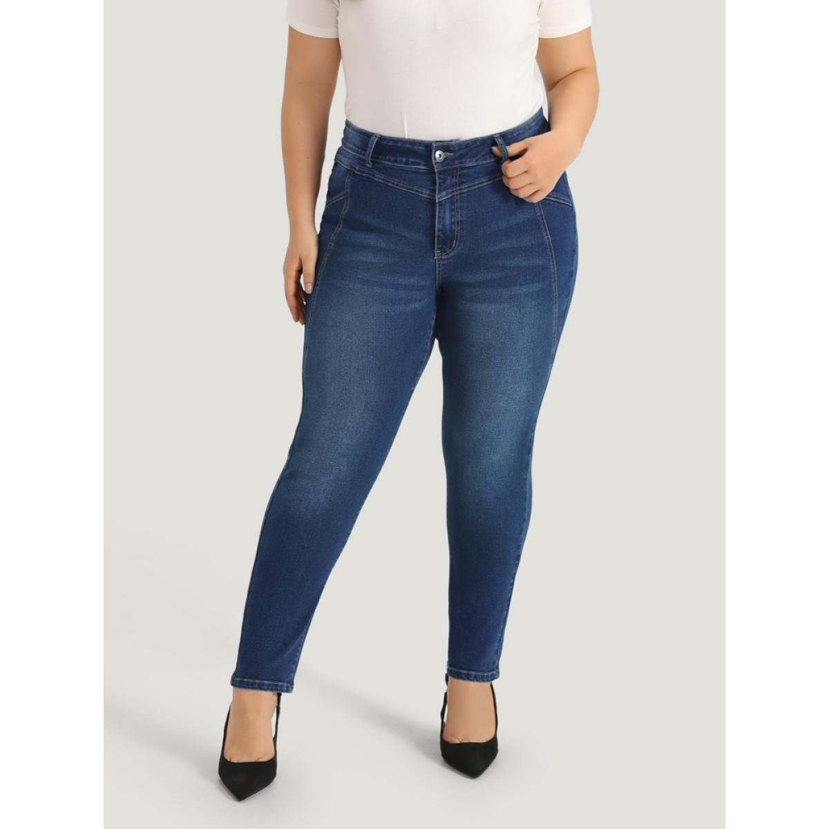 Plus Size Solid Very Stretchy Patchwork High Rise Jeans Women Blue Casual Plain Plain High stretch Pocket Jeans BloomChic 10/M Product Image