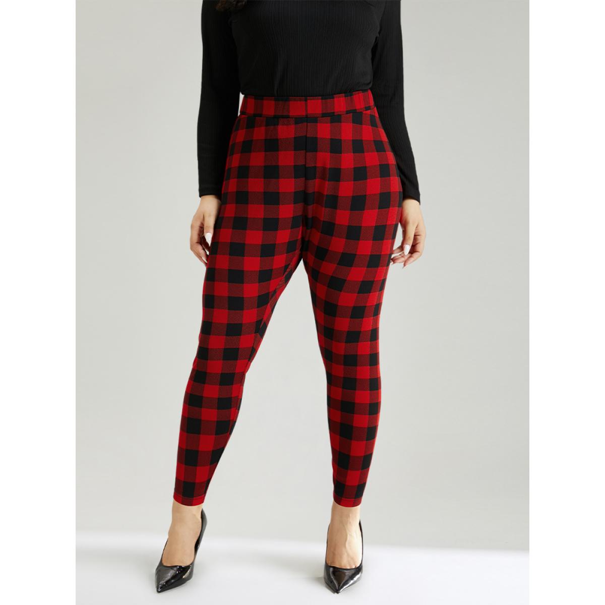 Plus Size Plaid Elastic Waist High Rise Skinny Leggings Women Raspberry Elegant High stretch Skinny High Rise Festival-Christmas Leggings BloomChic 22-24/3X Product Image