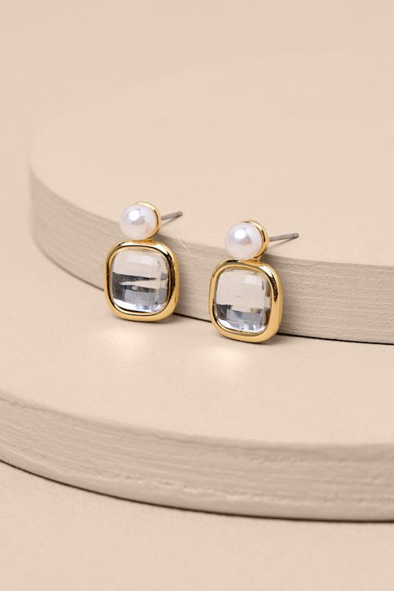 Malini Gold Rhinestone Pearl Stud Earrings Product Image