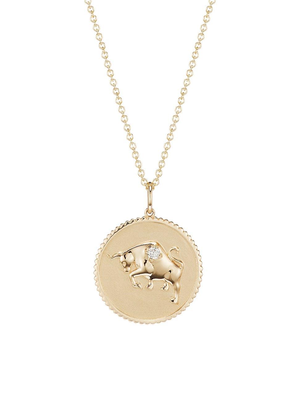 Womens 14K Yellow Gold & Diamond Large Zodiac Medallion Pendant Necklace Product Image