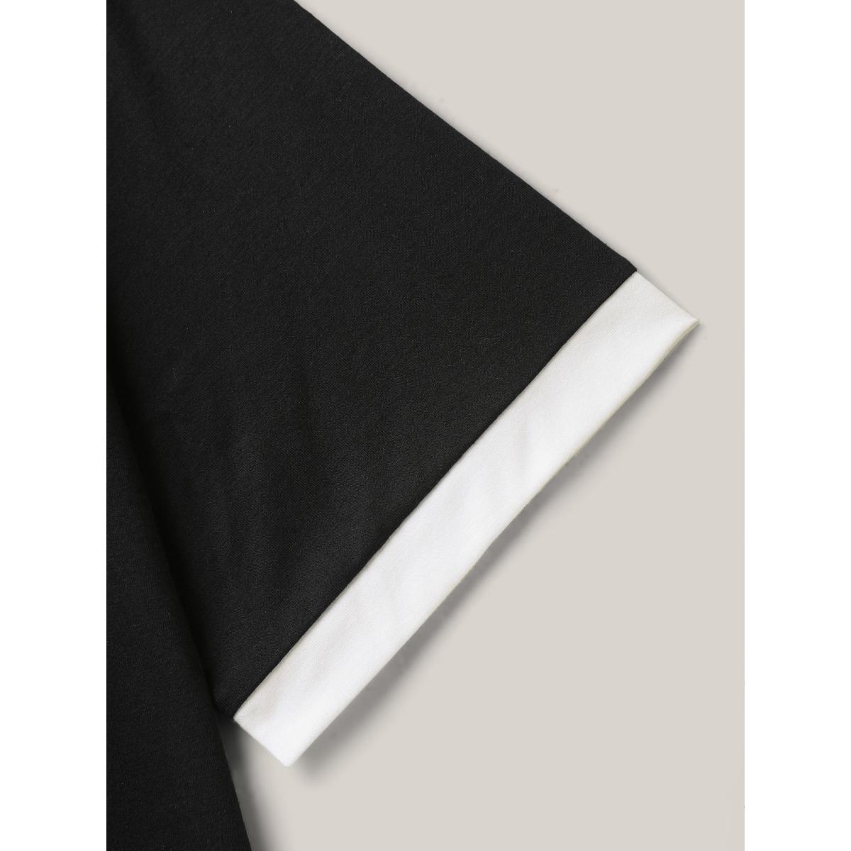 Plus Size Stretchy Floral Lace Color Contrast T-Shirt Black Women Timeless Woven ribbon&lace trim V-neck Elegant T-shirts BloomChic 10/M Product Image