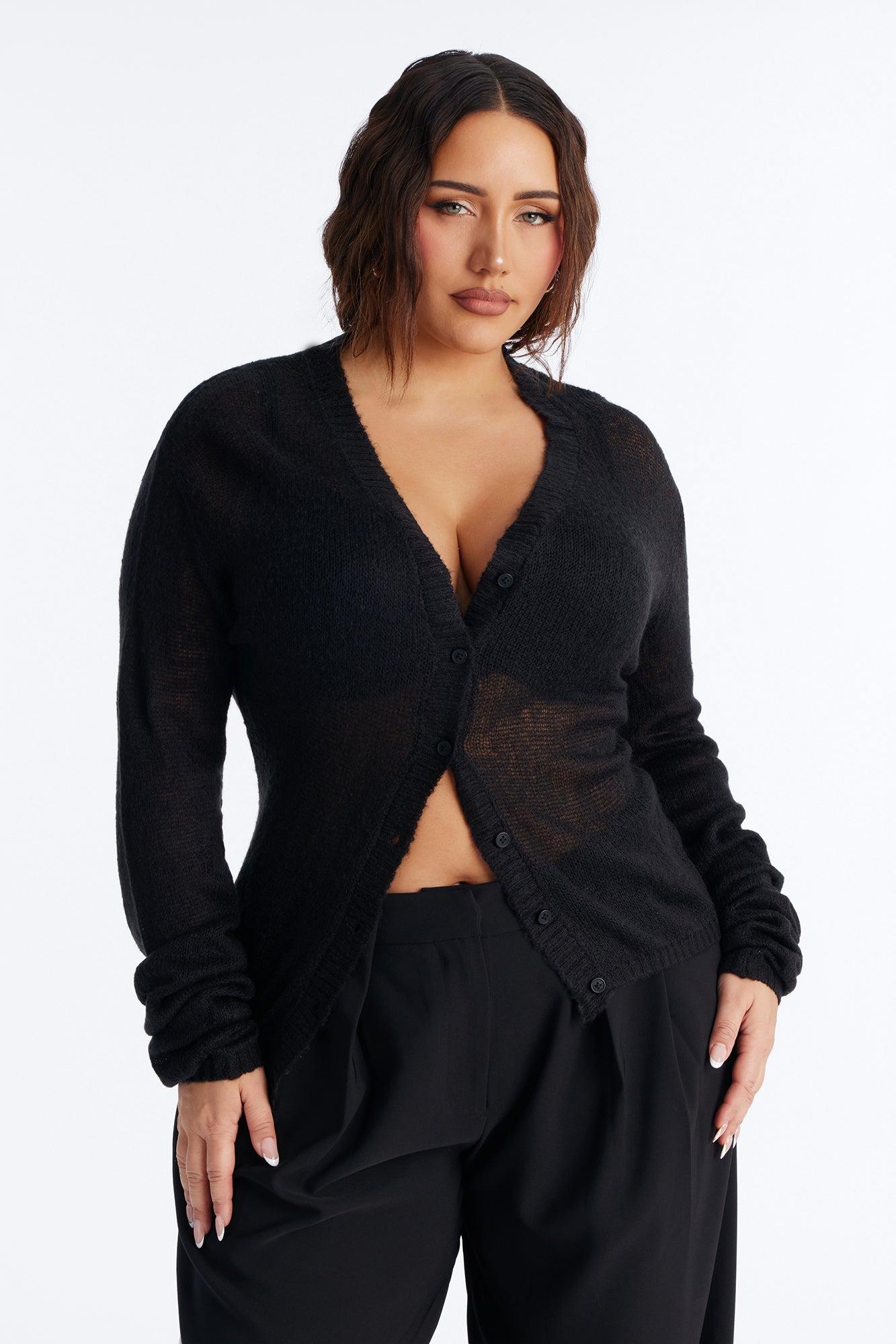 Sheer Me Out Long Sleeve Button Up Cardigan Sweater - Black Female Product Image