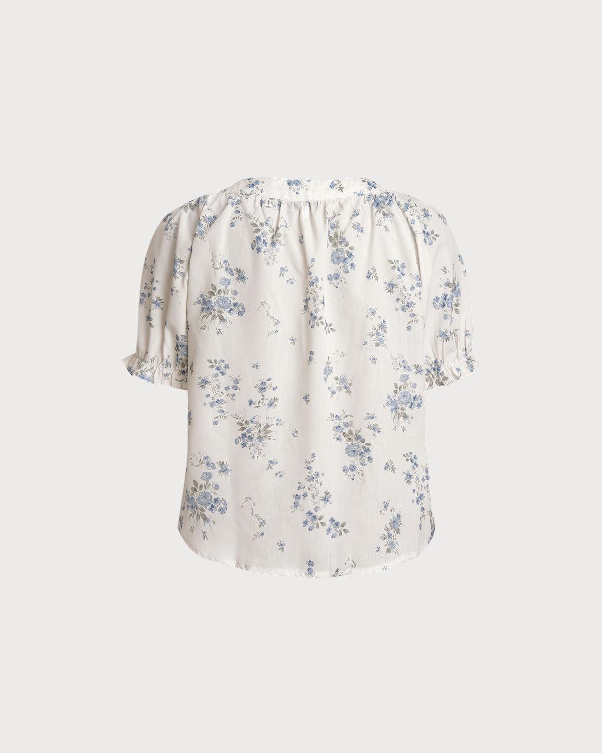 Blue Floral V Neck Button Blouse Product Image