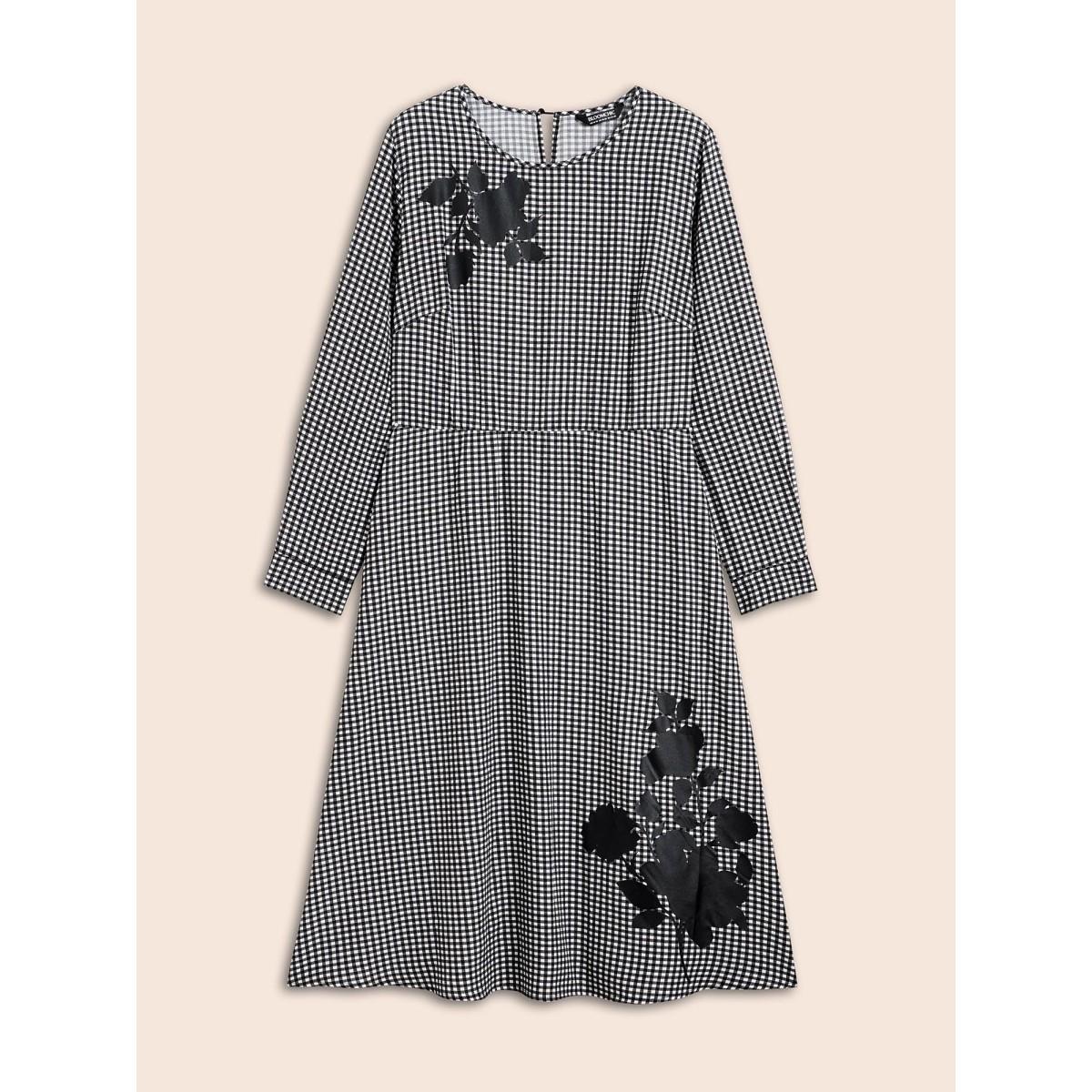 Plus Size Gingham Silhouette Floral Print Midi Dress Black Women Elegant Non Round Neck Long Sleeve Curvy BloomChic 12/L Product Image