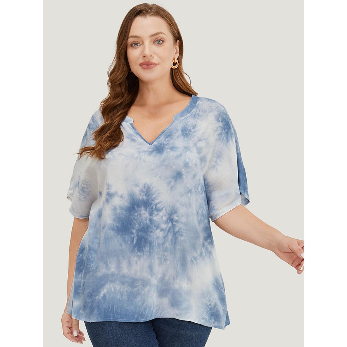 Plus Size Stone Tie Dye Notched Dolman Sleeve Blouse Women Vacation Short sleeve Notched collar Dailywear Blouses BloomChic 12/L Product Image