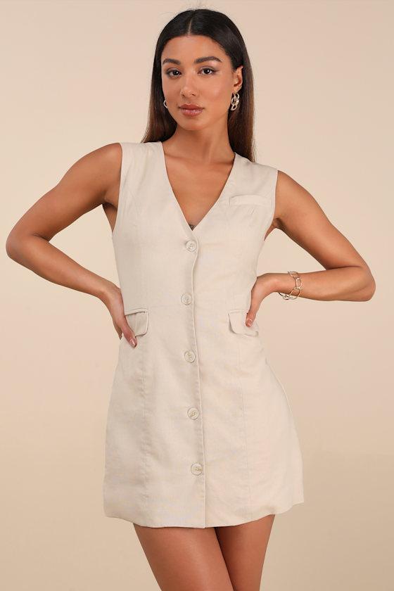 Mairi Beige Linen Button-Front Sleeveless Mini Dress Product Image