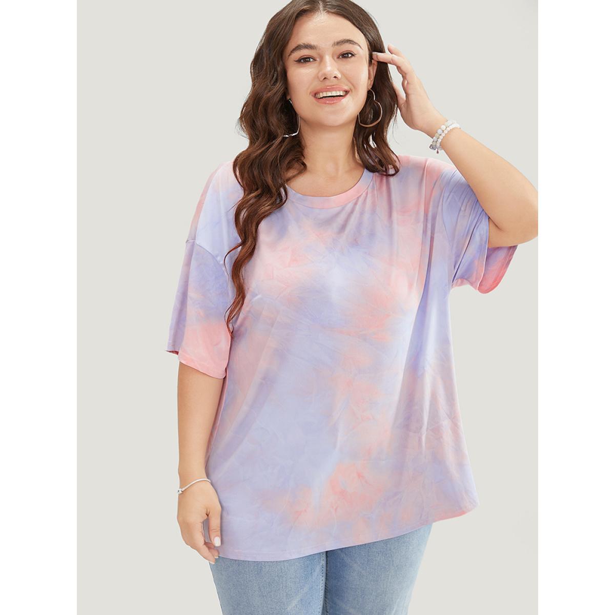 Plus Size Tie Dye Round Neck Half Sleeve T-shirt Pink Women Casual Tie Dye Tie Dye Round Neck Dailywear T-shirts BloomChic 26/4X Product Image